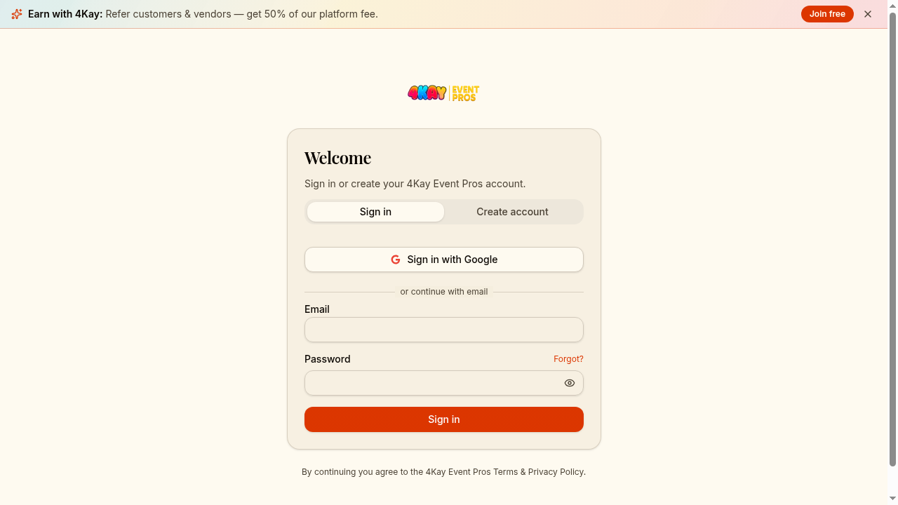 Sign in / create account screen.