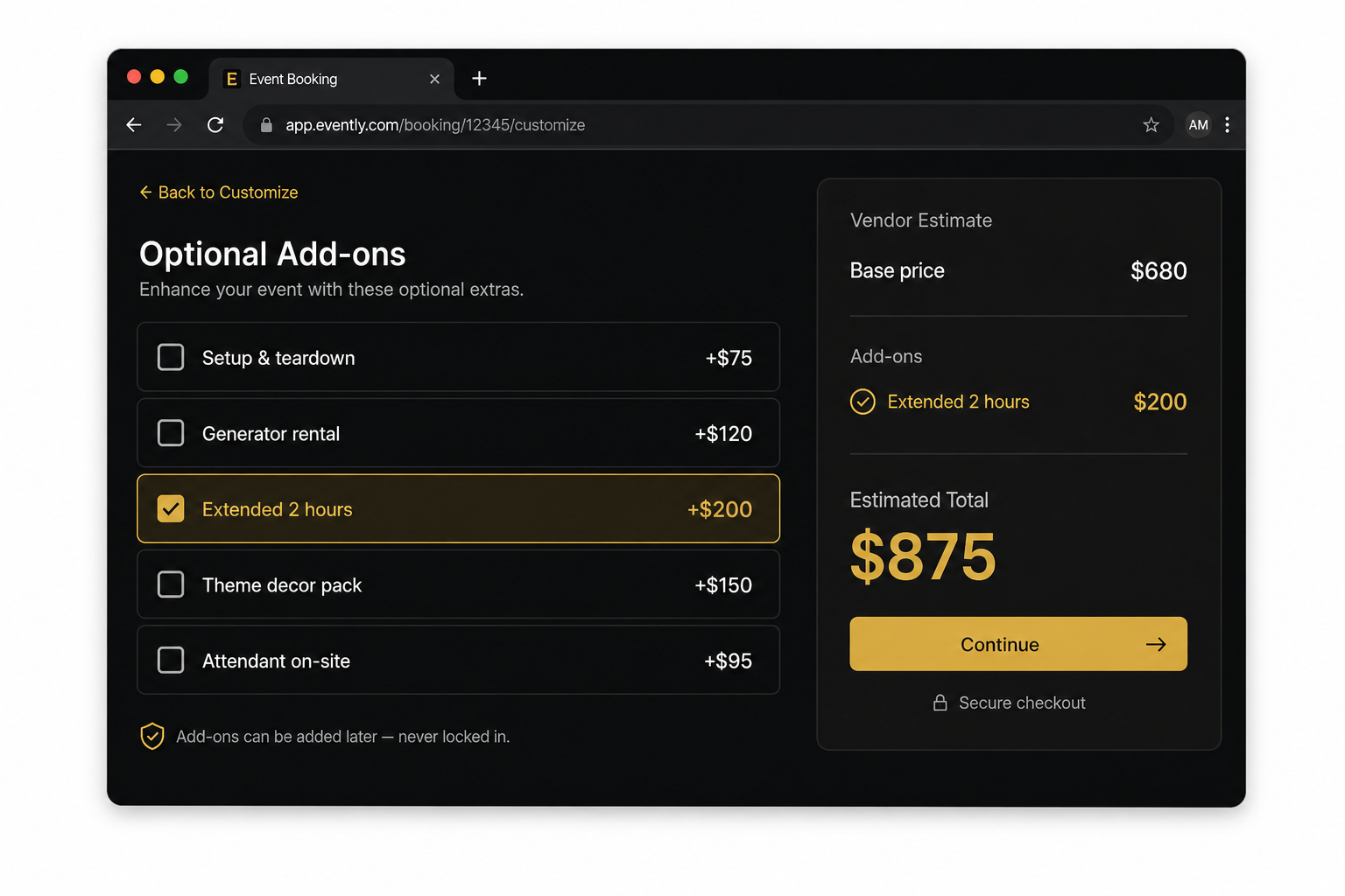 Optional add-ons selection with live total