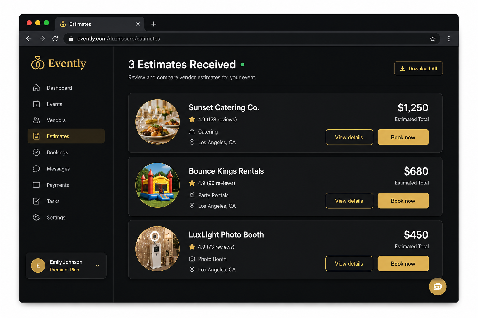 Dashboard showing multiple vendor estimates