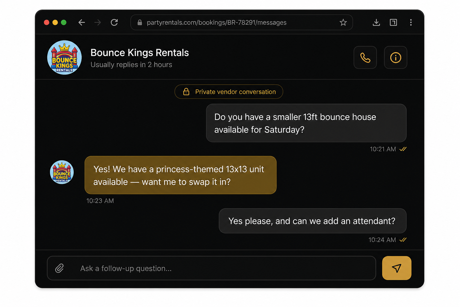 Private follow-up question thread with a vendor