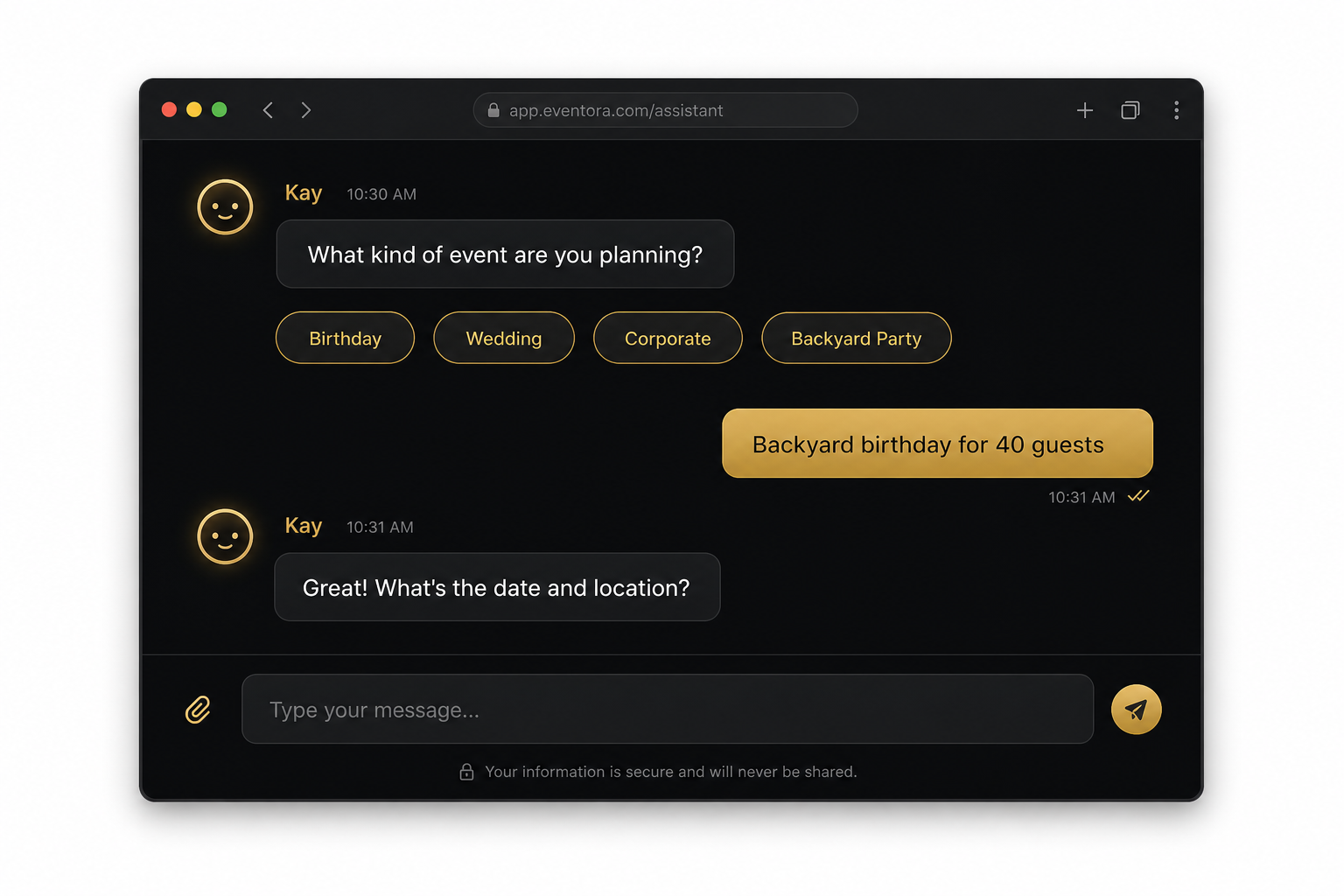 Chat interface to request an event quote