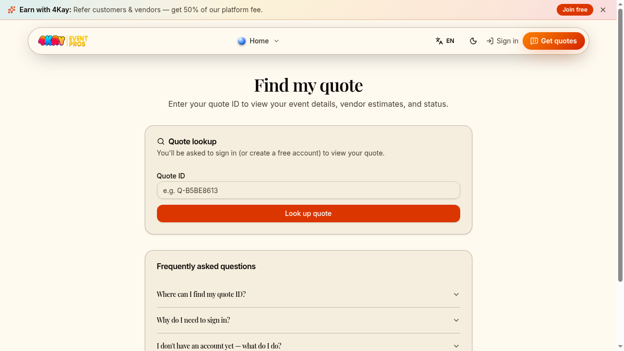The Find my quote page with a quote ID input.