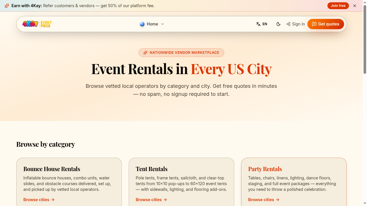 Public Event Rentals landing showing categories visible to customers.